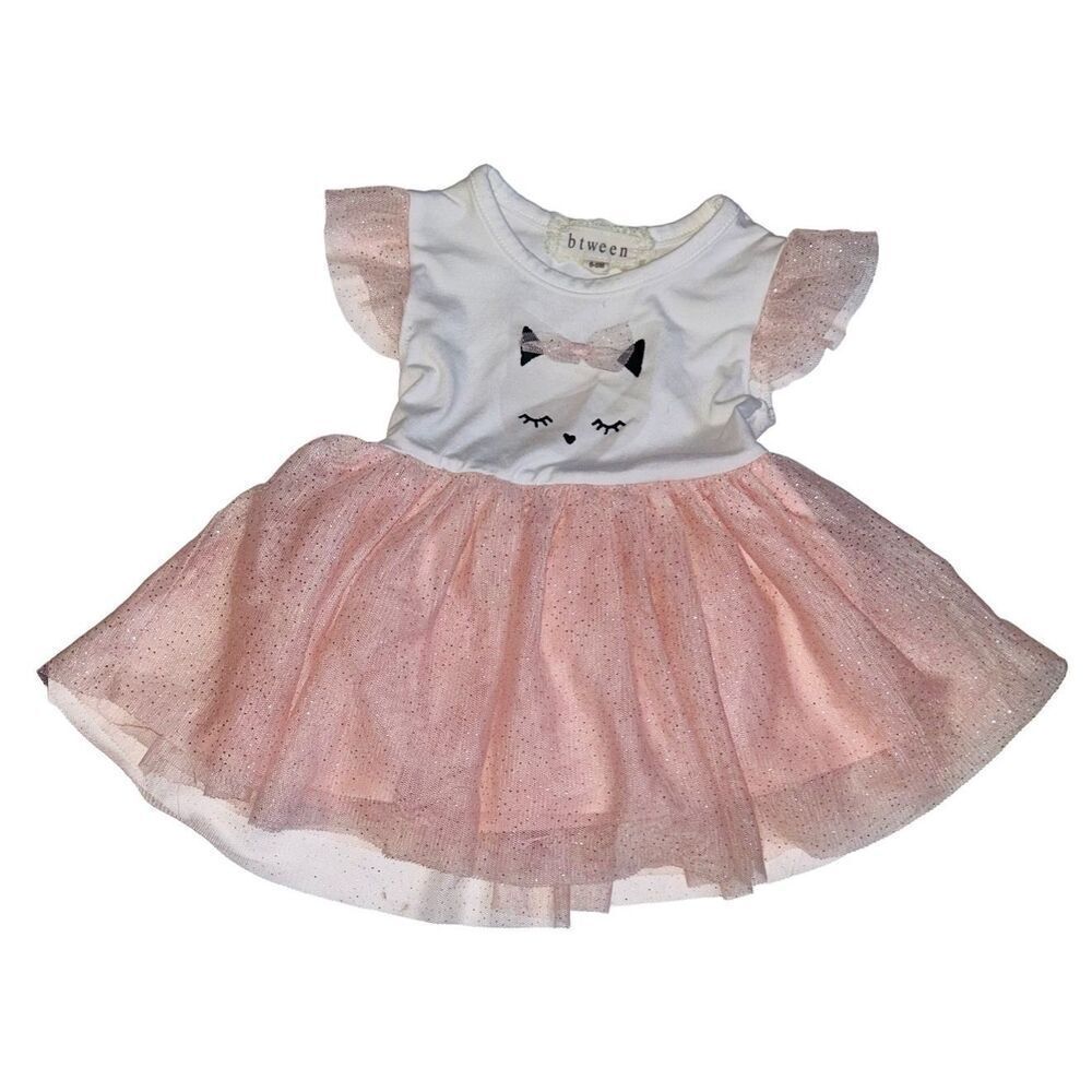 Btween Baby Dress Girls Size 6-9 Months Pink & White Cat with Tulle Skirt